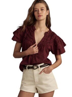 Anthropologie Layered-Sleeve Swiss Dot Henley Top (Small)